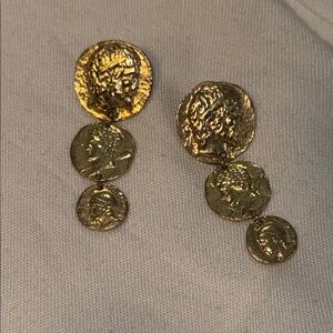 Greco-Roman Golden Tone Coin Dangling Drop Earrings Classic Style